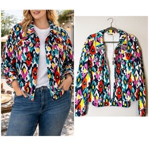 Savanna Jane Multicolor Ikat Print Corduroy Rhinestone Fringe Western Shacket L